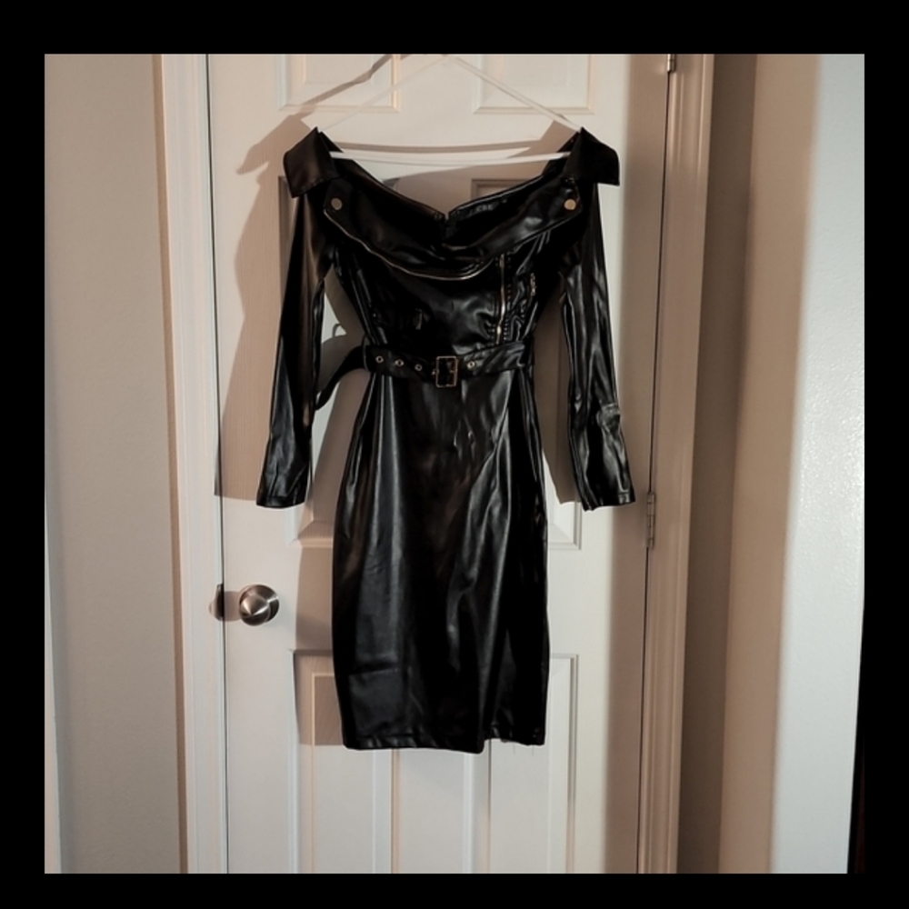 Off-Shoulder Black Faux Leather Dress with Belt
